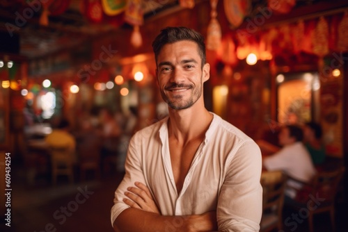 Portrait of a handsome young man standing with arms crossed in a restaurant.