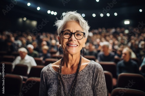 Medium shot portrait photography of a pleased woman in her 60s that is wearing a chic cardigan against a beautiful symphony orchestra performance in a concert hall background . Generative AI photo