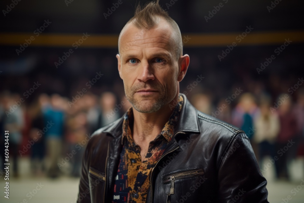 Portrait of a brutal man in a leather jacket on a blurred background Portrait of a brutal man in a leather jacket on a blurred background