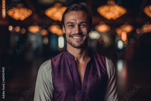 Portrait of a handsome young man smiling while standing in a restaurant