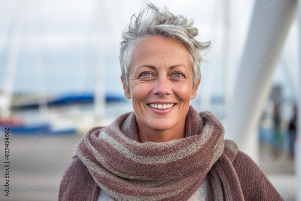 Medium shot portrait photography of a satisfied woman in her 50s that is wearing a chic cardigan against a dramatic sailboat race on a windy day background . Generative AI Medium shot portrait photography of a satisfied woman in her 50s that is wearing a chic cardigan against a dramatic sailboat race on a windy day background . Generative AI