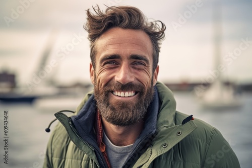 Medium shot portrait photography of a cheerful man in his 30s that is wearing a chic cardigan against a dramatic sailboat race on a windy day background . Generative AI