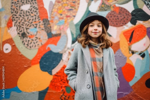 stylish girl in hat and coat looking at camera on graffiti background
