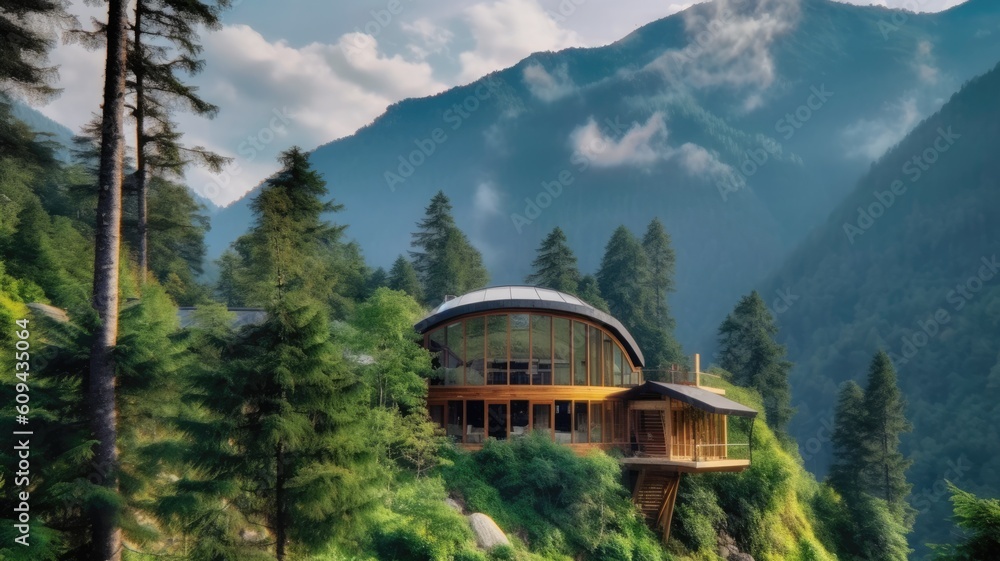 The exterior design of modern eco wooden house on mountain that is full ... - Eco-Friendly Mountain Homes With Private Arts Studios