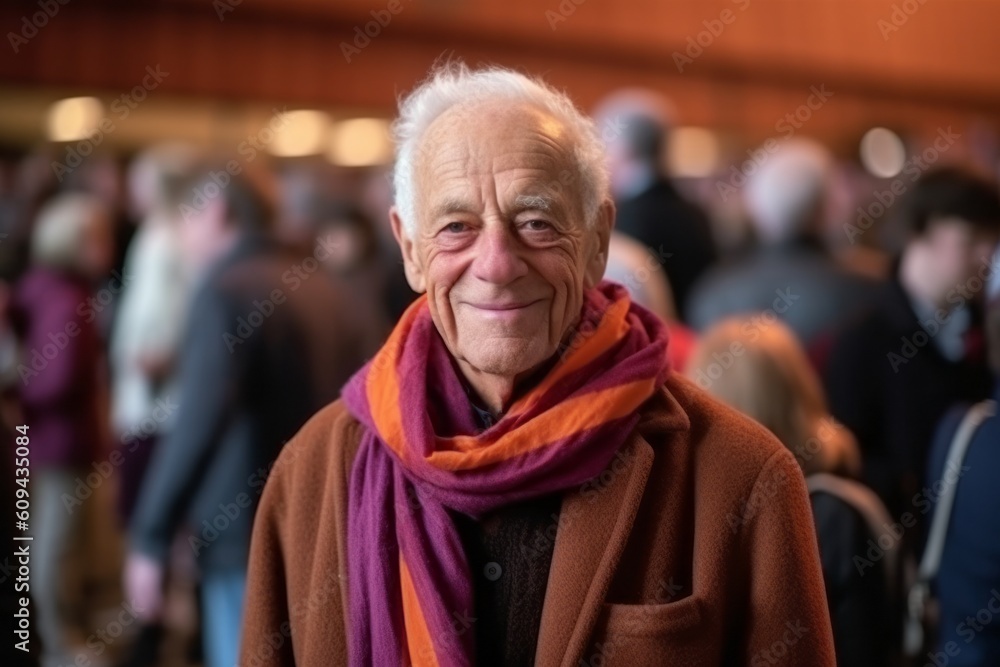 Portrait of an elderly man with a scarf in the city.