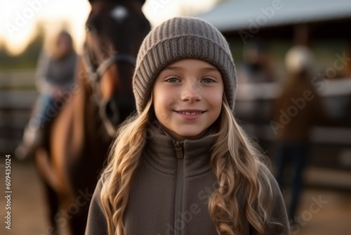 Portrait of a cute little girl wearing a warm hat and coat with her horse