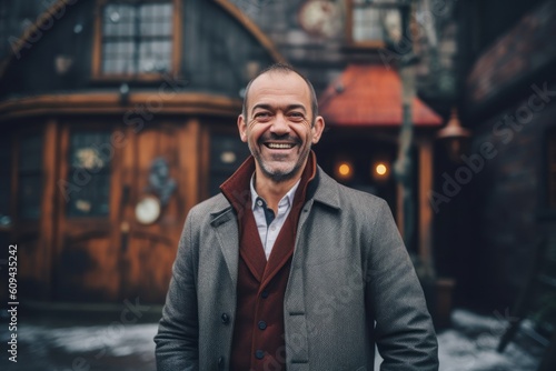 Portrait of a smiling man in a coat. He is standing in front of an old house.