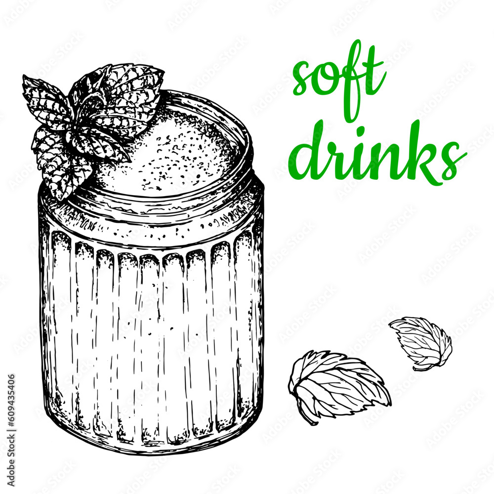 Cold milk drink. Milkshake.Vector illustration . Hand drawing. Black