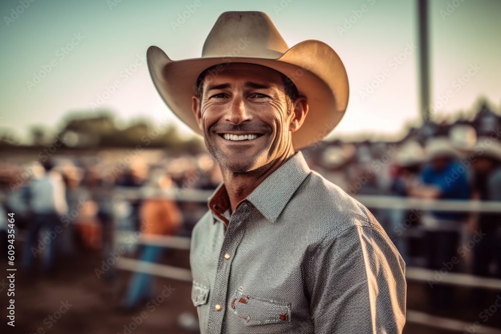 Portrait of a cowboy smiling at the camera while standing at the rodeo