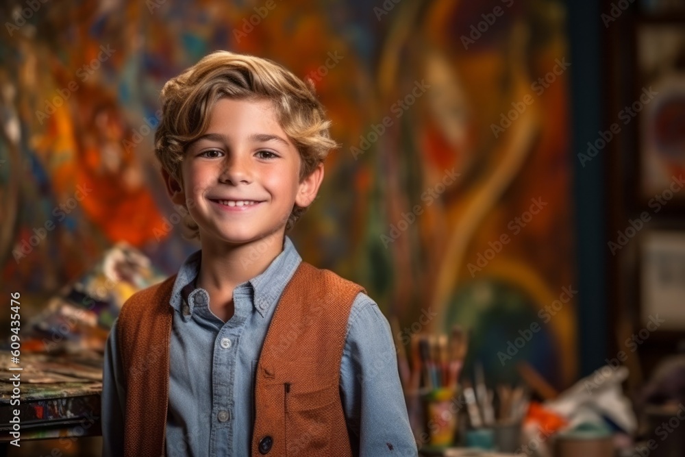 Portrait of a smiling boy with blond hair in a paint studio