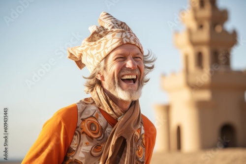 Portrait of a happy senior man standing in front of a mosque