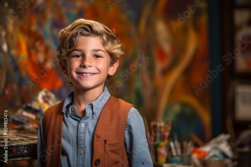 Portrait of a smiling boy with blond hair in a paint studio