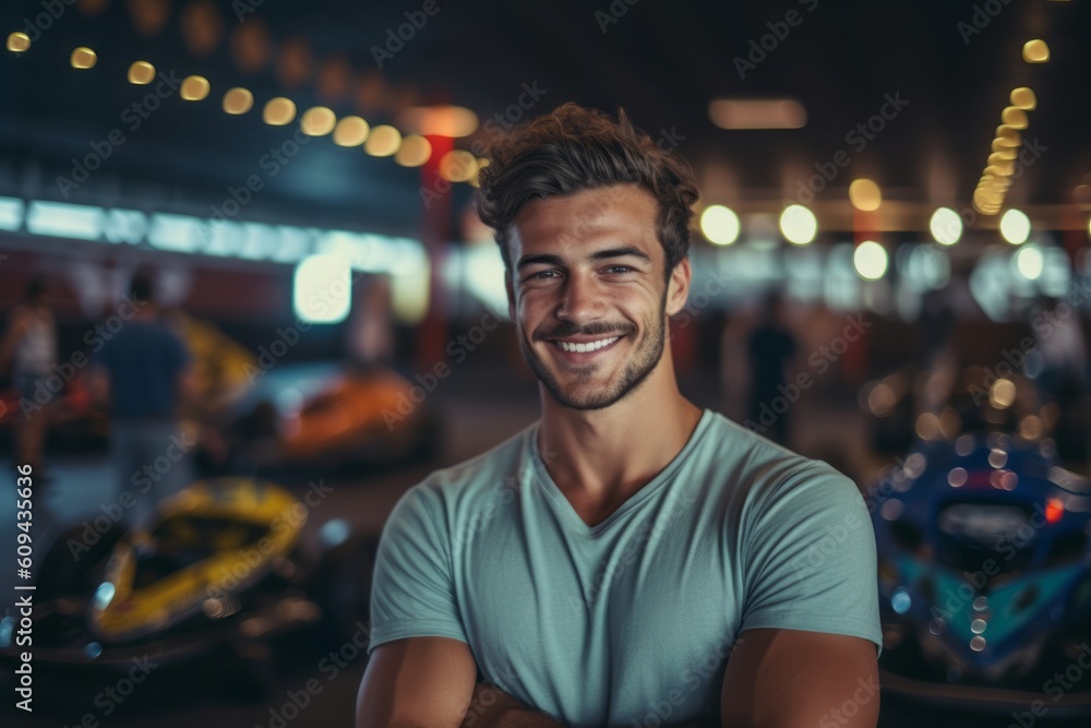 Portrait of smiling young man with arms crossed standing in car park