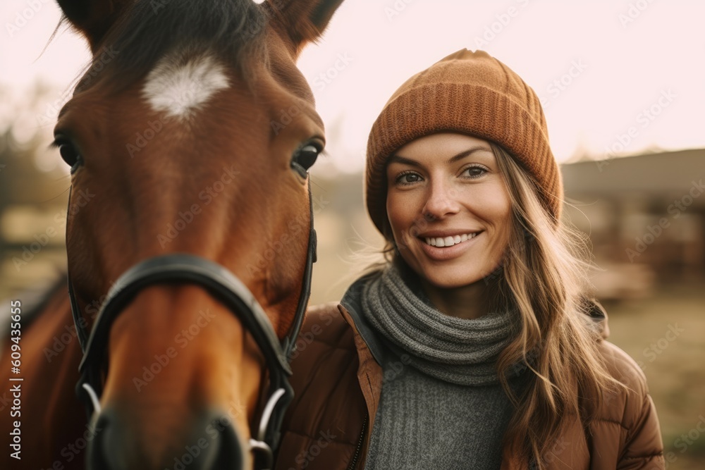 Fototapeta premium Medium shot portrait photography of a satisfied woman in her 30s that is wearing a cozy sweater against a beautiful horse ranch with riders taking lessons background . Generative AI