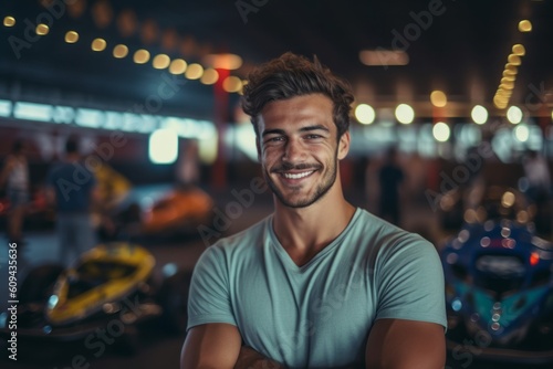 Portrait of smiling young man with arms crossed standing in car park