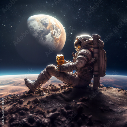 Cosmonaut Enjoying Beer in Space: Cosmic Refreshment on Beer Day AI Generated