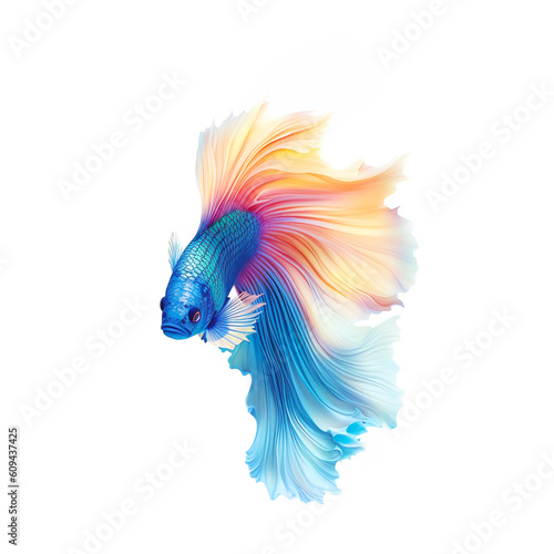 Iridescent betta fish. Multicolor fighting Siamese fish with beautiful flower tail and fins isolated on white. Amazing exotic floral tropical fish ai generated illustration © Ron Dale