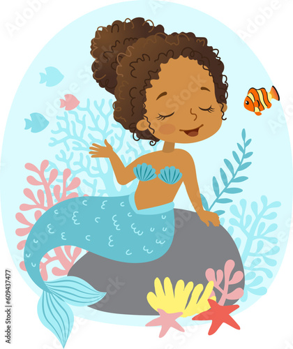 Vector illustration of Beautiful Girl Mermaid african american ethnicity