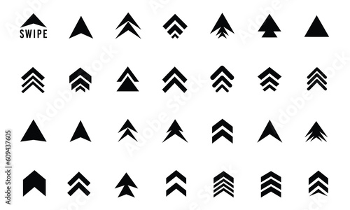 Swipe up arrow icon set. Swipe up. Black arrows, buttons and web icons. Social media application. Scroll or swipe up