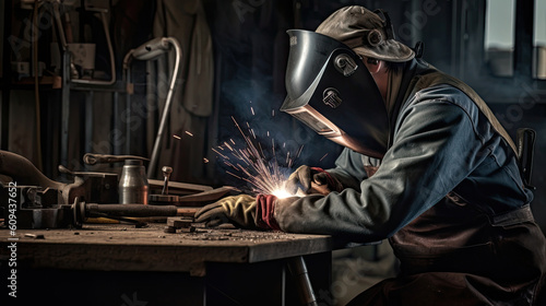 Industrial welder welding fabricated tube construction in factor. Generative AI