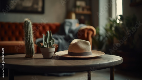 Coffee table with houseplant  cactus and hat near sofa in stylish living room. 