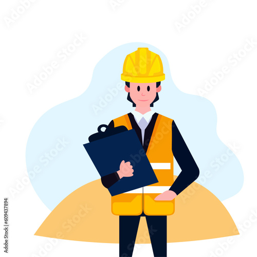 Construction Site manager Vector Illustration , Managing engineer wearing a hard hat holding files or clipboard flat style vector image