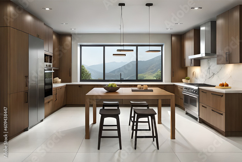 Interior design of modern and minimalist kitchen space with bar stools  and wooden cabinets that features luxury  clean lines  bold contrast  and sleek finishes for a contemporary feel   Generative AI