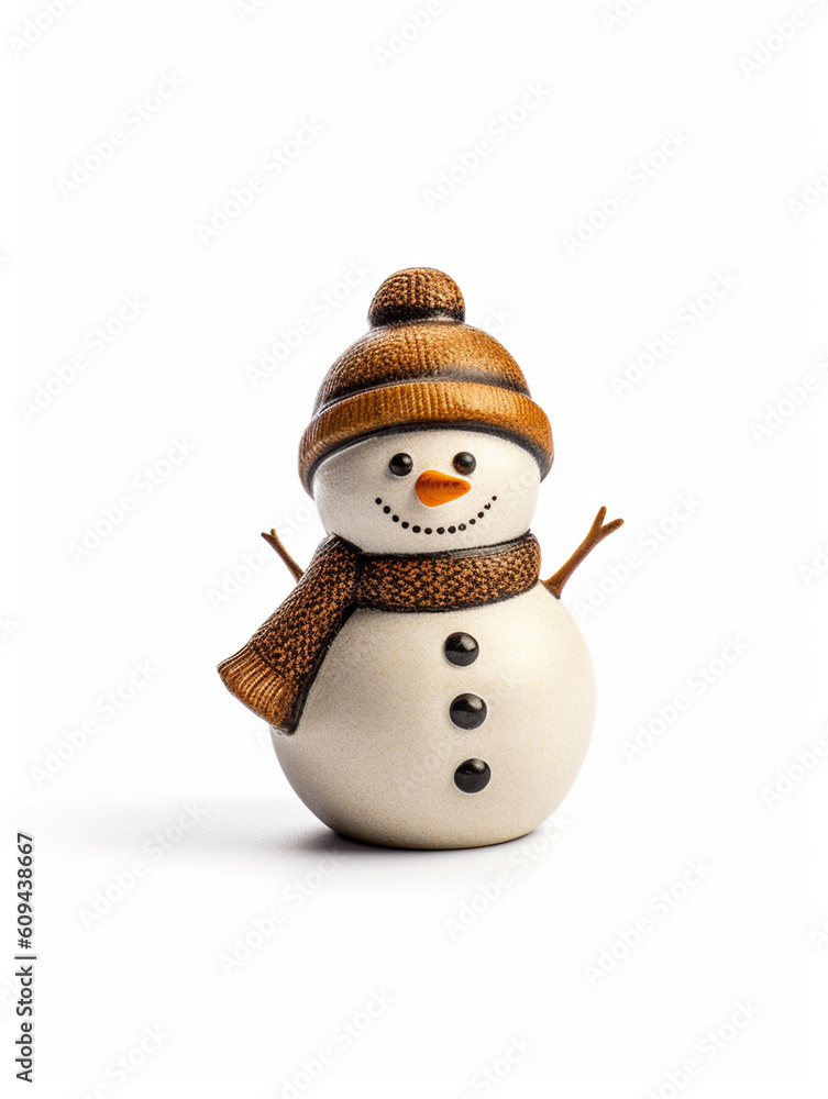 A cute snowman is isolated on white background. A long sharp nose and a happy smile. Wearing a hat and scarf.