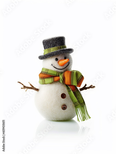A cute snowman is isolated on white background. A long sharp nose and a happy smile. Wearing a hat and scarf.