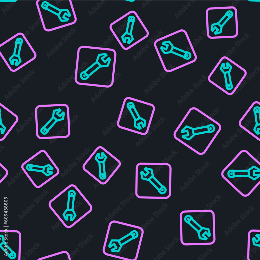 Line Wrench spanner icon isolated seamless pattern on black background. Spanner repair tool. Service tool symbol. Vector Line Wrench spanner icon isolated seamless pattern on black background. Spanner repair tool. Service tool symbol. Vector