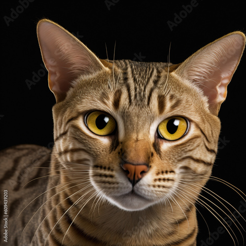 Studio shot with cute ocicat cat portrait with the curiosity and innocent look as concept of modern happy domestic pet in ravishing hyper realistic detail by Generative AI. photo