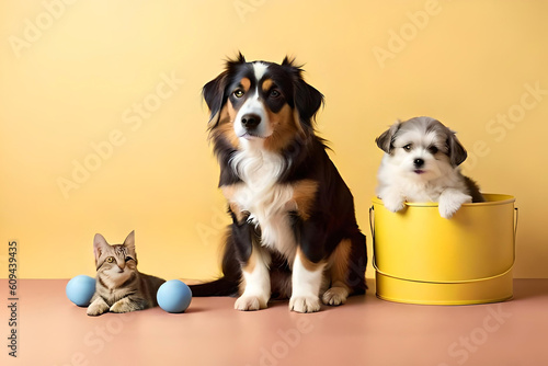 a joyful procession of dogs and their toys  set against a pastel yellow background