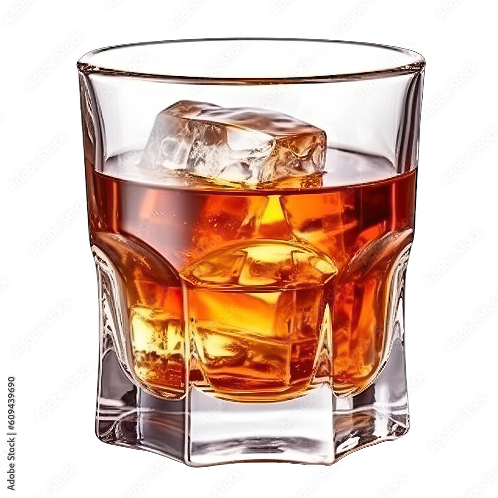 Whiskey with ice, Alcohol drink transparent background, isolate die cut png file (Ai generated)