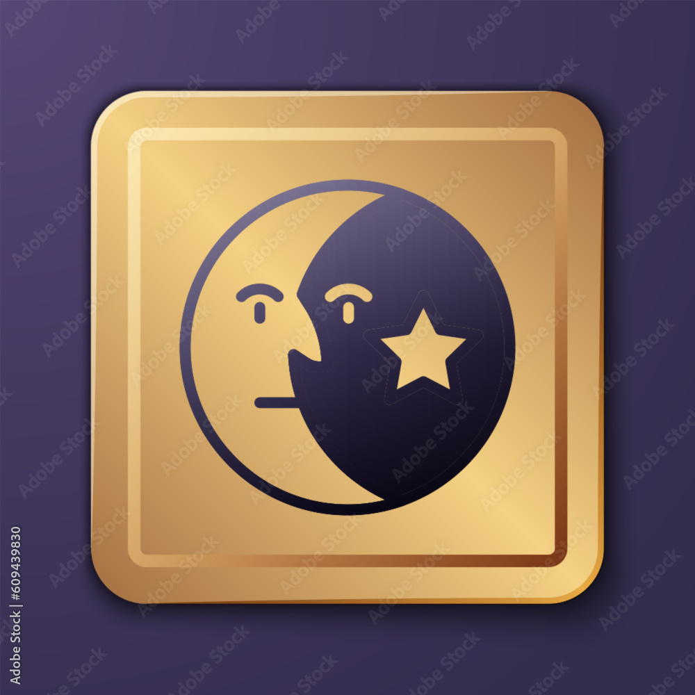 Purple Moon and stars icon isolated on purple background. Gold square button. Vector Purple Moon and stars icon isolated on purple background. Gold square button. Vector