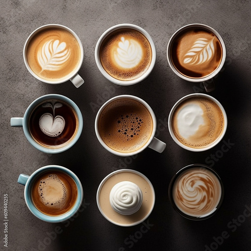 Variety of coffee like cappuccino, espresso, milk coffee, hot drink for breakfast, take a break