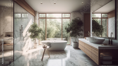 Contemporary bathroom design  high-end designer bathroom with freestanding tub  natural light and white marble. 