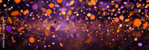 Orange  black and purple round flying confetti with purple bokeh background for Halloween celebration created with AI generative technology