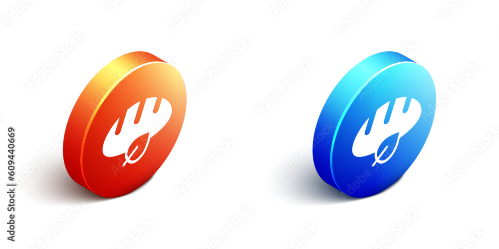 Isometric Vegan bread loaf icon isolated on white background. Orange and blue circle button. Vector Isometric Vegan bread loaf icon isolated on white background. Orange and blue circle button. Vector