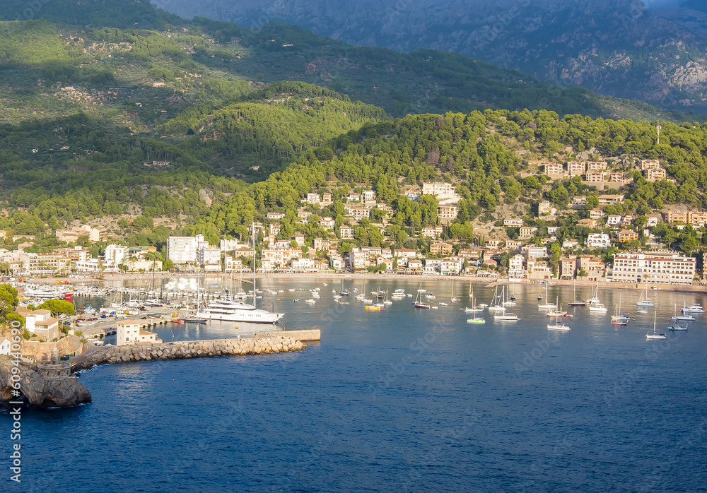 Aerial view of Port Soller in Mallorca, Balearic islands, Spain