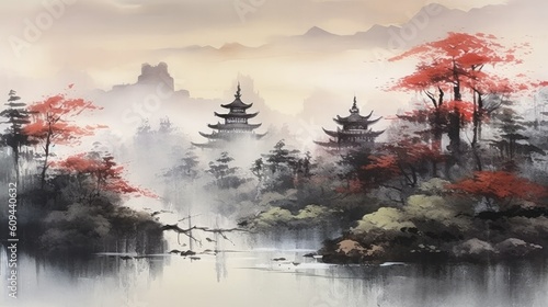 Japanese illustration of a landscape in japan, generative AI
