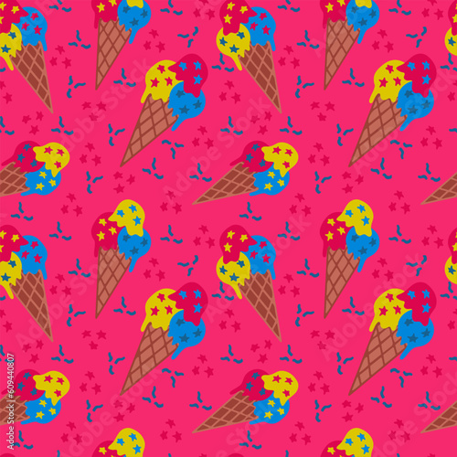 An ice cream minimalistic seamless pattern. Modern vector high contrast ice craem cones with confrtti on pink background. Perfect for wrapping paper, background, kids textile, wallpaper, poster photo