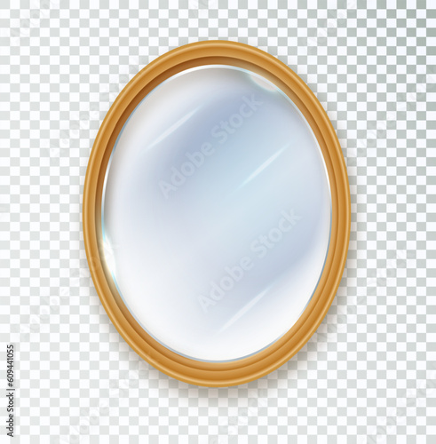 Mirror oval insulated. Realistic oval mirror frame, white mirrors template. Reflective glass surfaces isolated. Realistic 3D interior furniture design