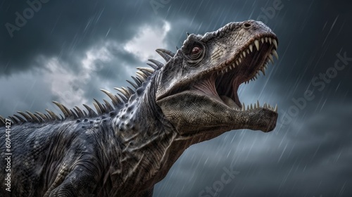 A screaming prehistoric t-rex dinosaur in the rain  generative AI