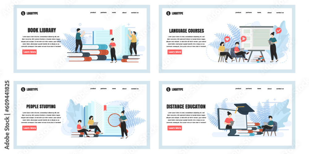 Set of web page design templates for education web page composition with people characters. Modern vector illustration concepts