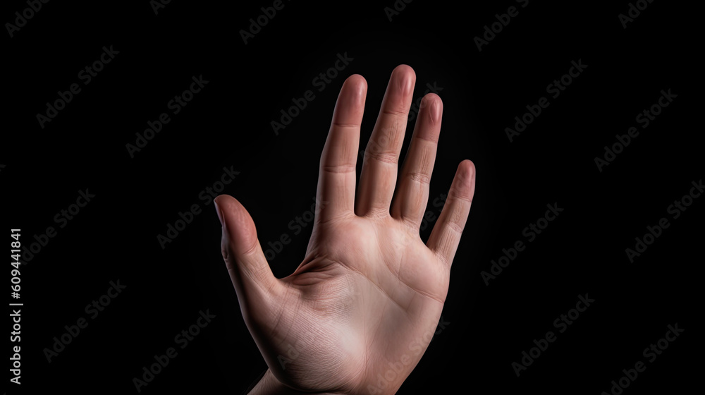 Close-up male hand with stop gesture isolated on Black background Close-up male hand with stop gesture isolated on Black background