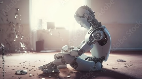 Sad robot sitting depressed in an empty room, generative AI