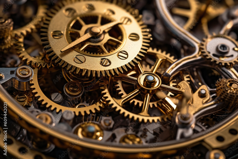 Gears and cogs mechanism. Clockwork of a watch with jewels Industrial machinery. Generative AI Gears and cogs mechanism. Clockwork of a watch with jewels Industrial machinery. Generative AI