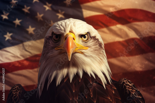 North american bald eagle and USA flag. United States of America patriotic symbols. Generative AI