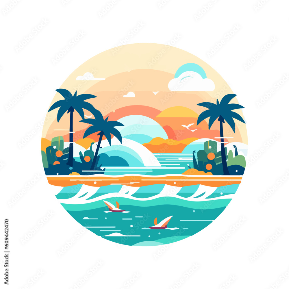 summer beach tropical island vector, summer holiday illustration