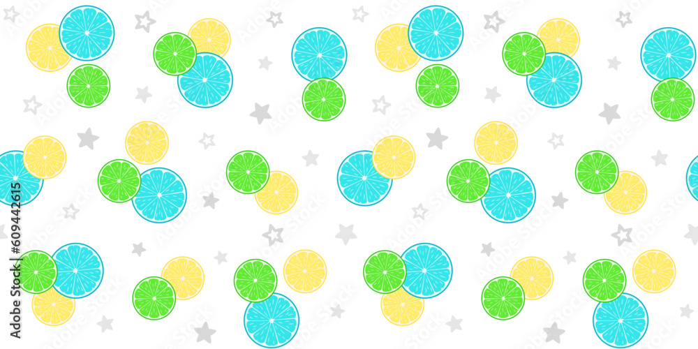 Colorful citruses, lemon and lime slices on a white background with grey stars. Abstract endless texture with citrus fruits. Vector seamless pattern for wrapping paper, packaging, giftwrap and print Colorful citruses, lemon and lime slices on a white background with grey stars. Abstract endless texture with citrus fruits. Vector seamless pattern for wrapping paper, packaging, giftwrap and print